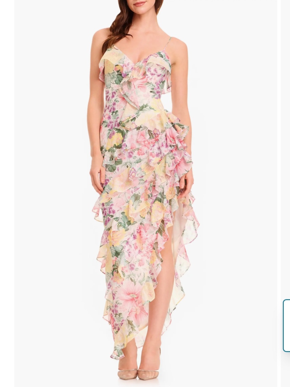 Dress the Population Josefina Metallic Floral Ruffle Detail Gown